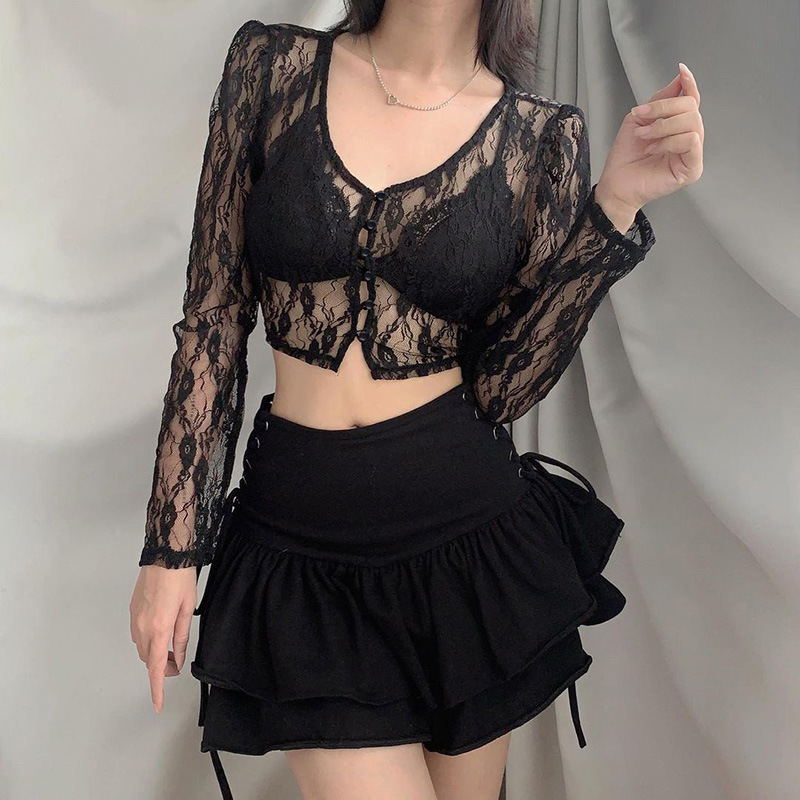 90s Vintage Button Up Long Sleeve Crop Top Floral Lace Transparent T-shirt Korean Harajuku Slim Fit Tees Y2K Women Streetwear