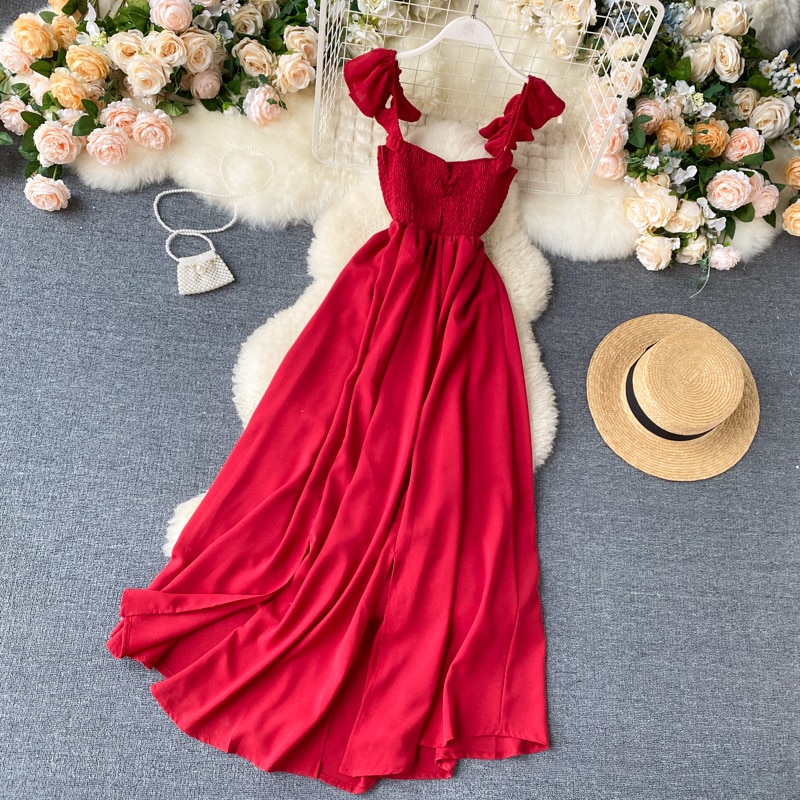 High Waist Slash Neck Women Long Dress Elegant Big Swing A-line Vestidos Verano Vintage Green/Red Party Robe For Female