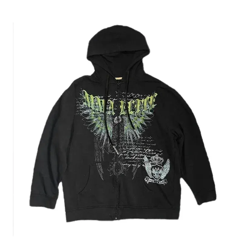 Maxct 90s Streetwear Woman Embroidery Goth Hoodies Autumn Winter Zip Up Long Sleeve Loose Jacket Coats Y2k Harajuku Casual Oversized Sweatshirts