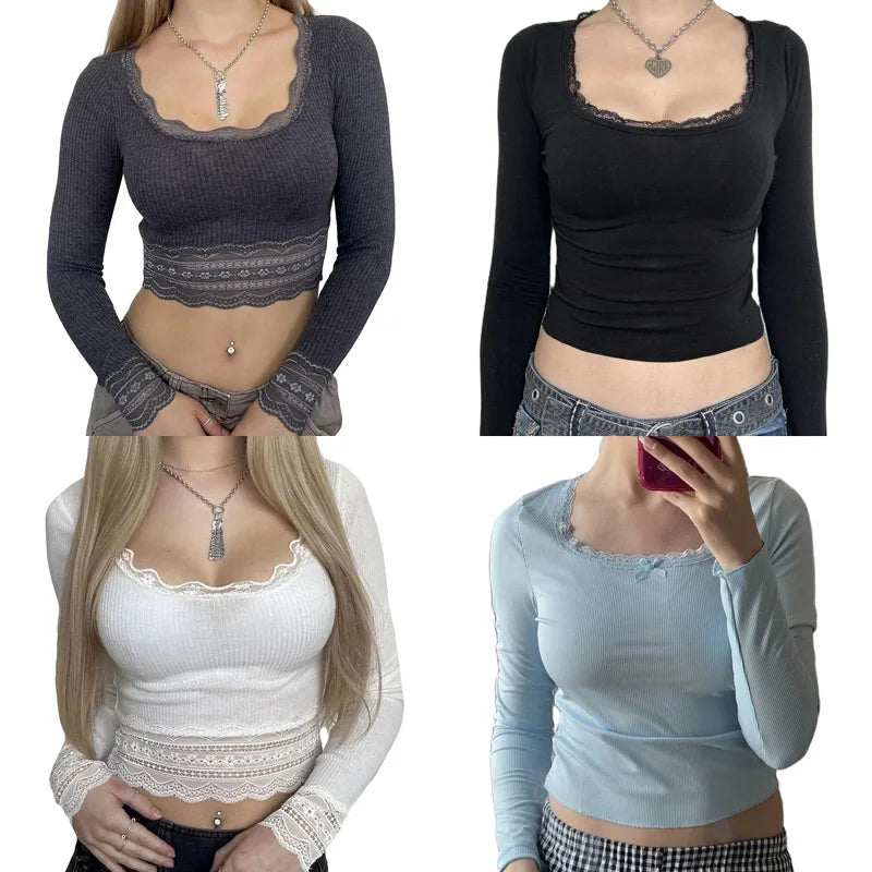 Maxct Fairycore Y2K Vintage Cottage T-shirt Kawaii Lace Trim O Neck Crop Tops Autumn Rib Knitted Long Sleeve Slim Fit Tees Women
