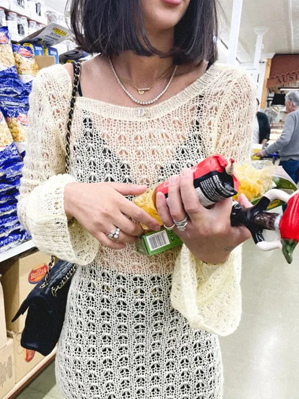 Crochet Hollow Backless Long Sleeve Cover Up Maxi Dress Maxct