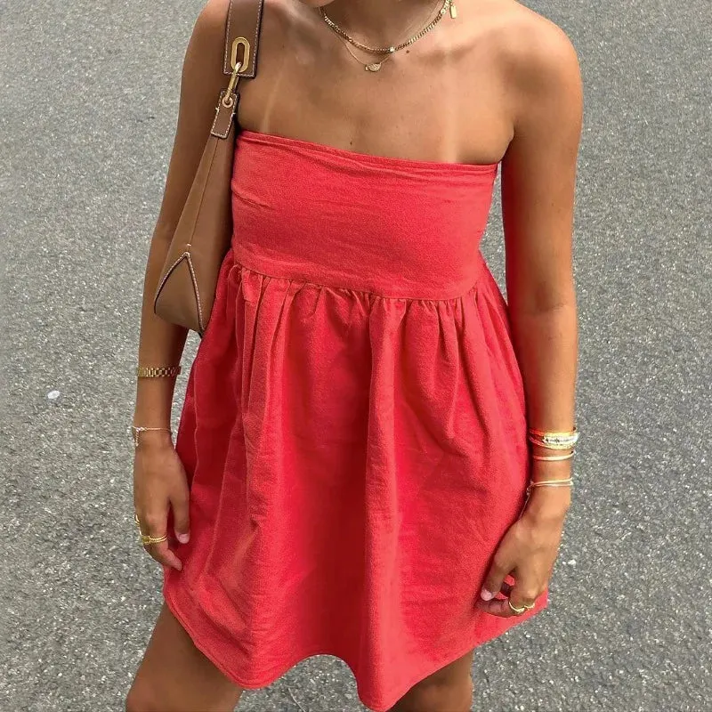 Maxct Elegant Solid Strapless Dress Women's Sleeveless Beach Vacation Short Dress Splice Off Shoulder Loose High Waist Clothing