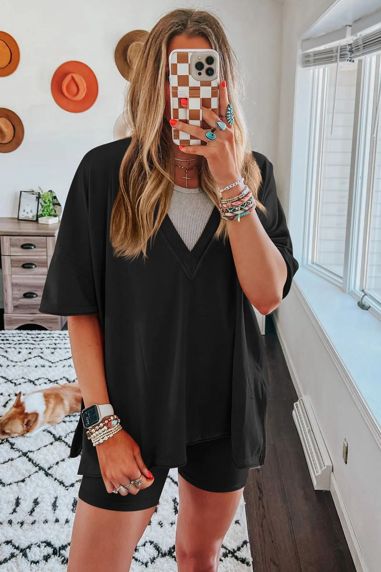 Maxct V Neck Side Slit T-shirt Bodycon Shorts Set