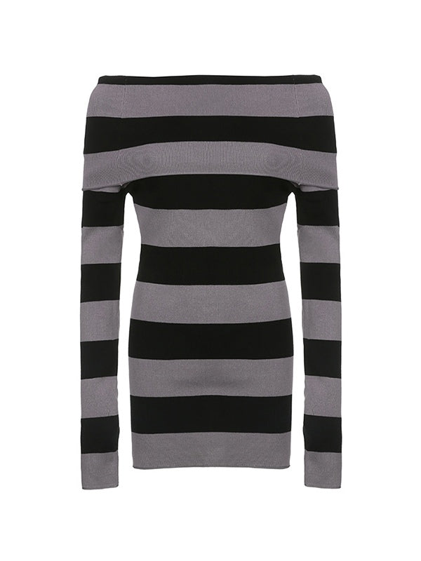 Off Shoulder Long Sleeve Striped Knit Mini Dress Maxct