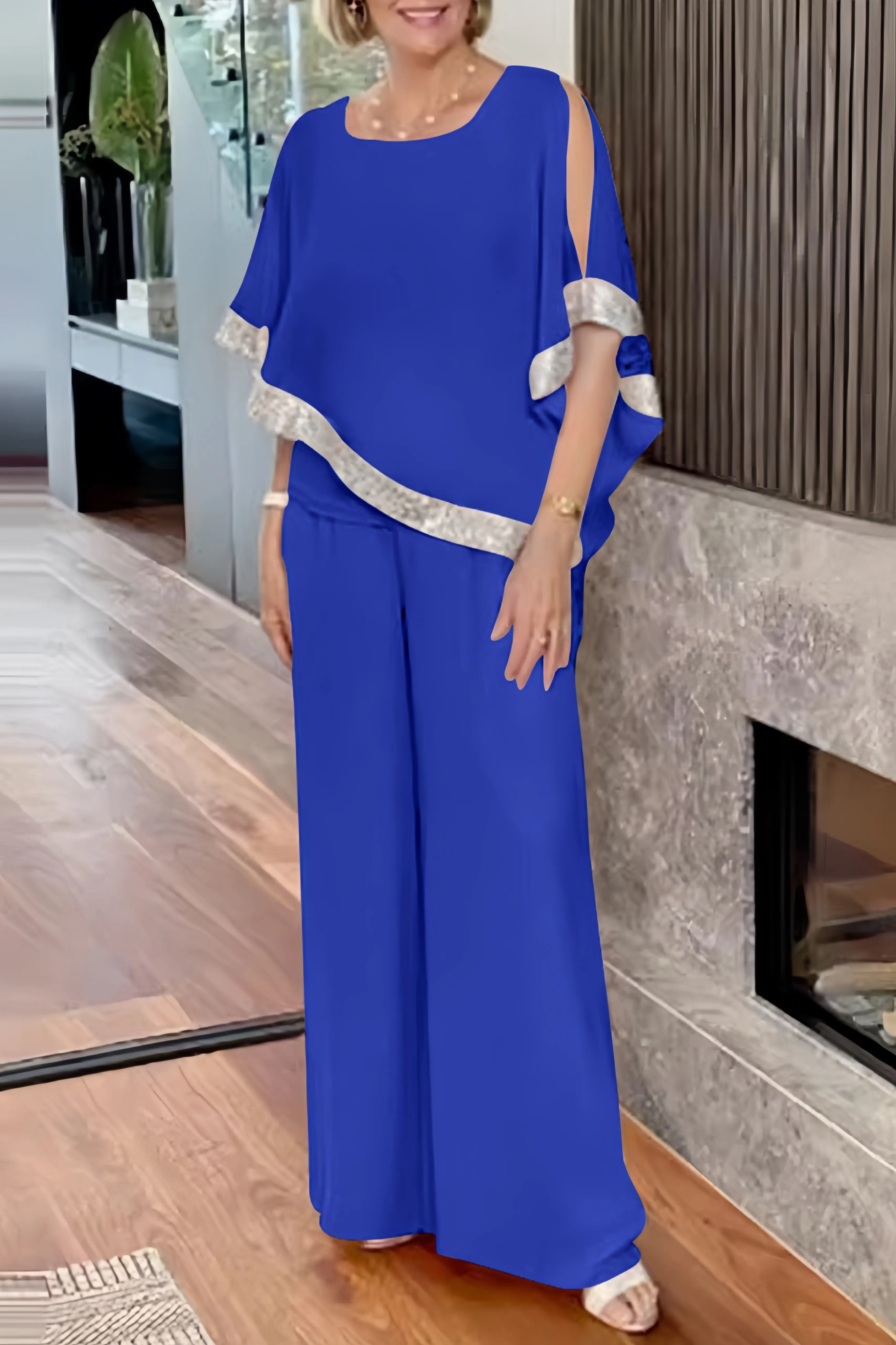 Maxct Sequins Patchwork Slit Bat Sleeve Long Pants Suits