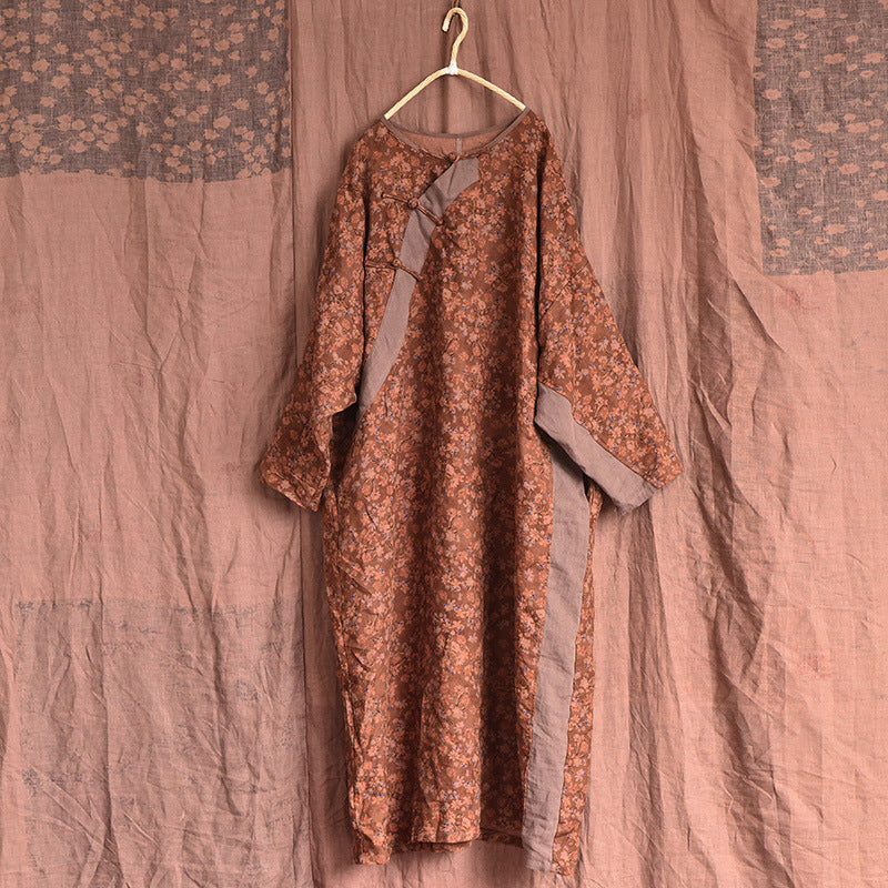 Vintage Distressed Floral Printed Mid-Length Linen Dress