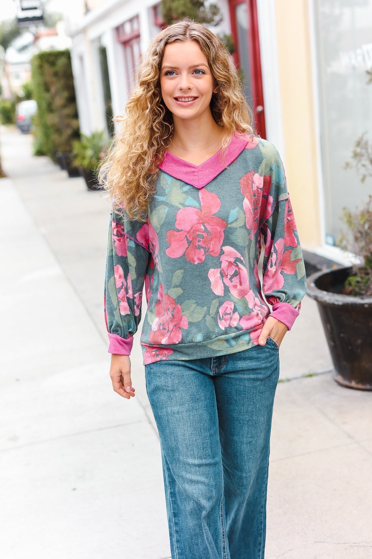 Maxct &Beautiful You Vintage Teal Floral Print V Neck Hacci Knit Sweater
