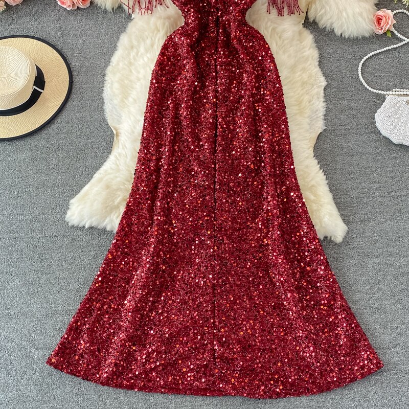 Sequins Party Maxi Dress For Women Sexy V-Neck Short Sleeve High Waist Tassel Long Robe Female Elegant Vestidos