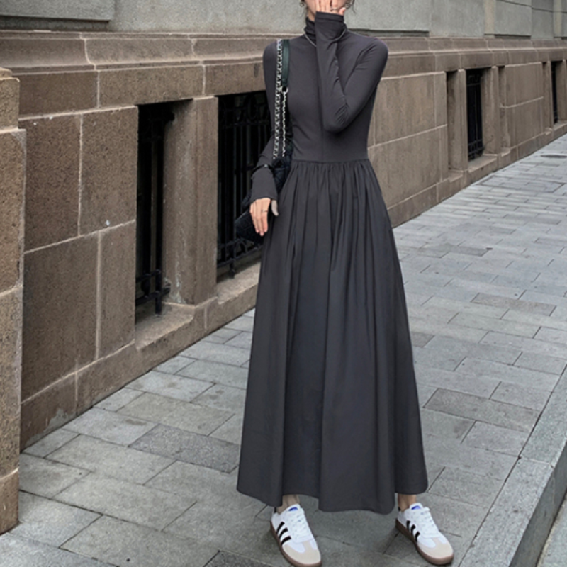 Maxct New Autumn French Midi Dresses Women Elegant Chic Turtleneck Fashion Casual A-Line Black Long Sleeve Cotton Female Clothing