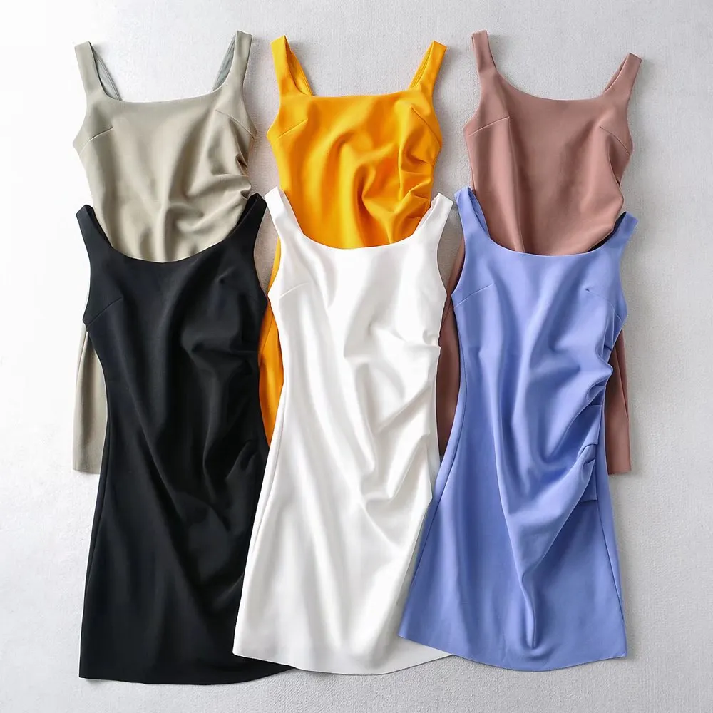 Maxct Maxct New Pleated Vest Dress Summer Women's Solid Color Square Collar Sleeveless Hip Skirt