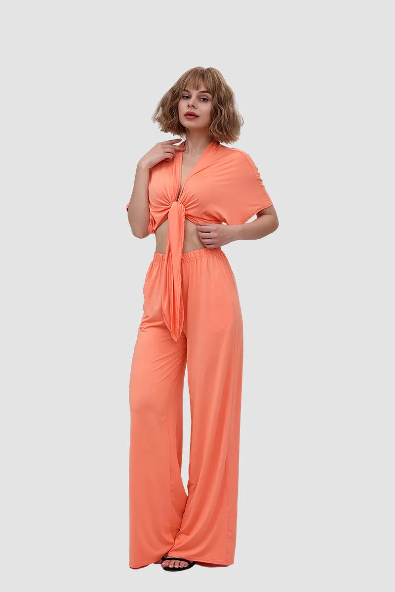 Maxct Deep V-neck Top & Elastic Wide Leg Pants