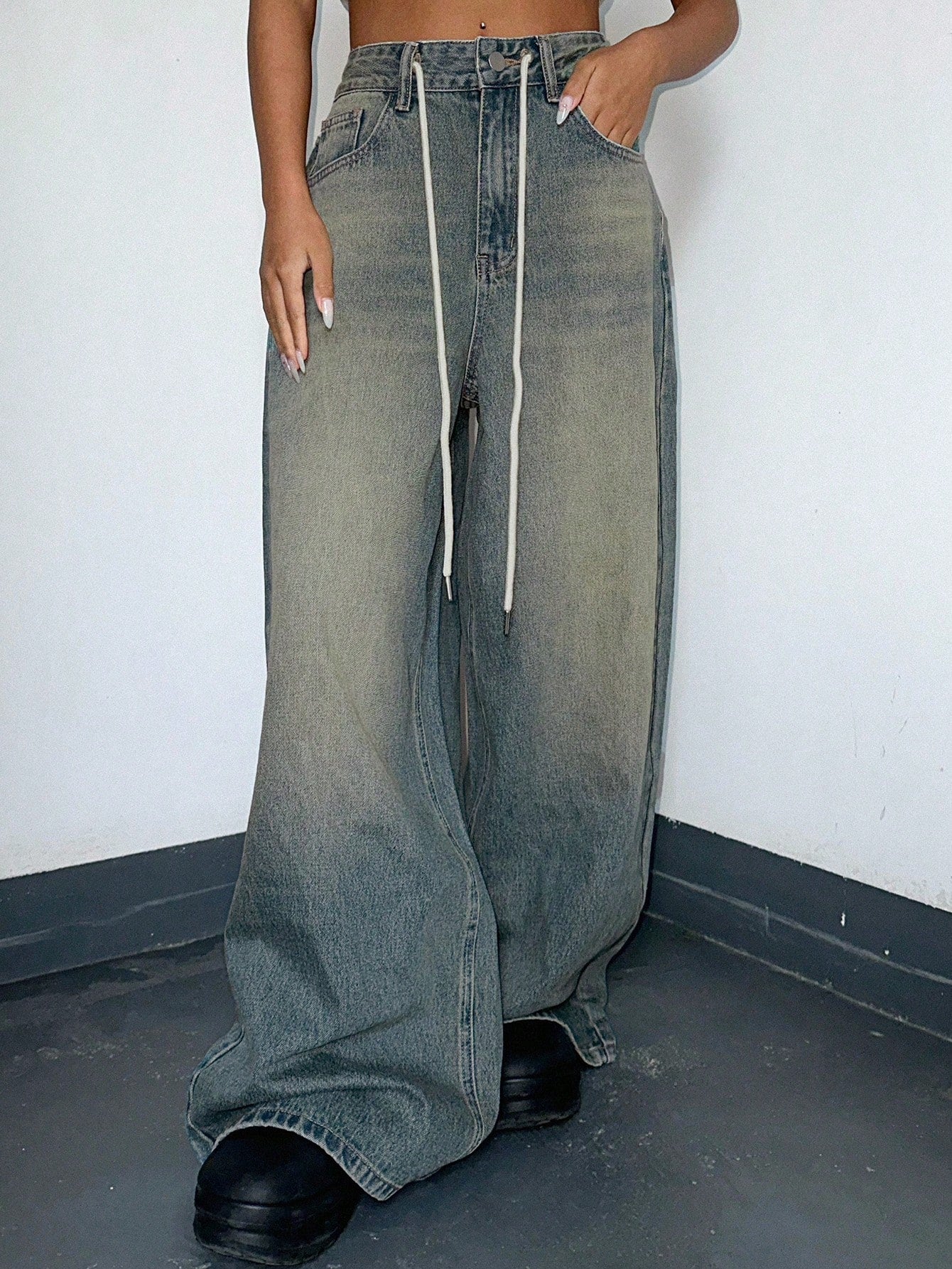 Maxct Women's Drawstring Waist Loose Fit Denim Pants