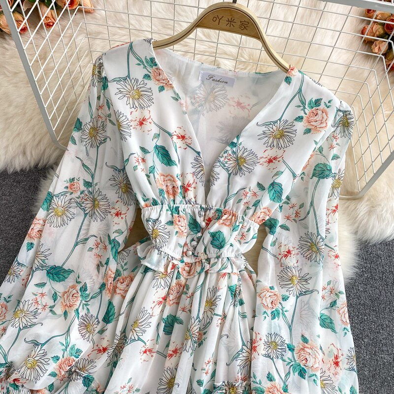Women's Green/Purple/Beige Floral Chiffon Dress Bohemian V-Neck Lantern Long Sleeve High Waist Ruffle Vestidos Female New