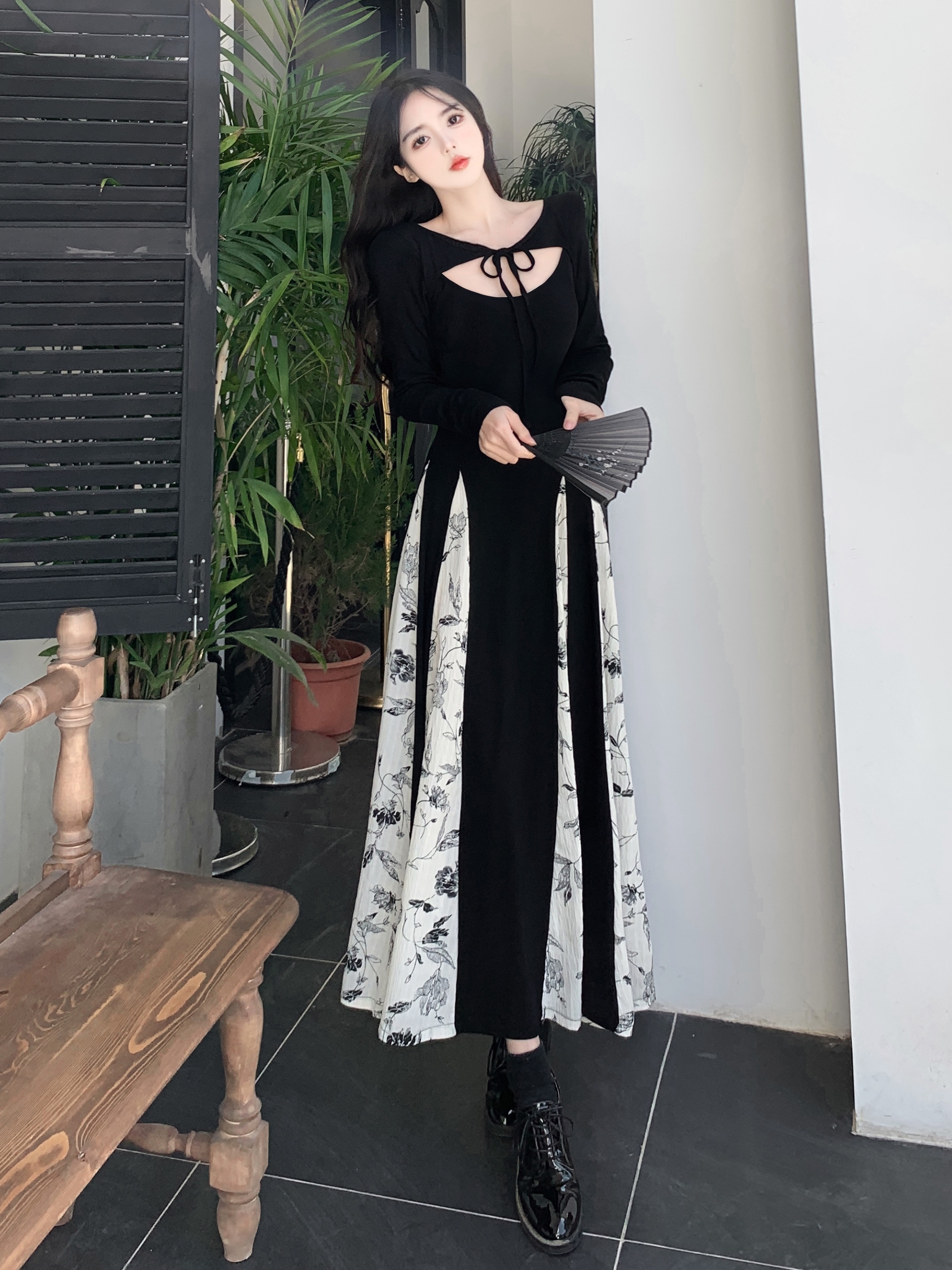 Maxct Knitted Patchwork Floral Dress Irregular Design Sense Hepburn Wind Sweet Fashion Slim Summer New Black Long Dresses