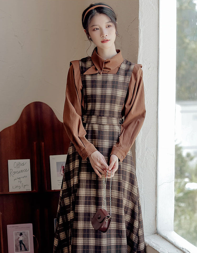 Crepe Plaid Pinafore Dress Set Maxct
