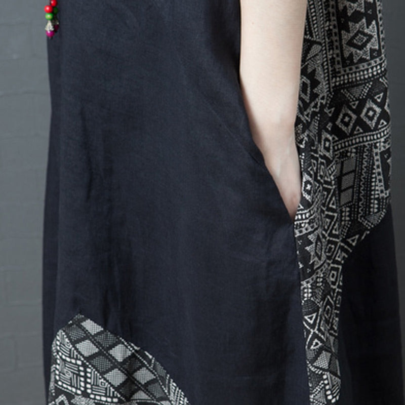 Spring Cotton Linen Loose Color Block A-Line Dress