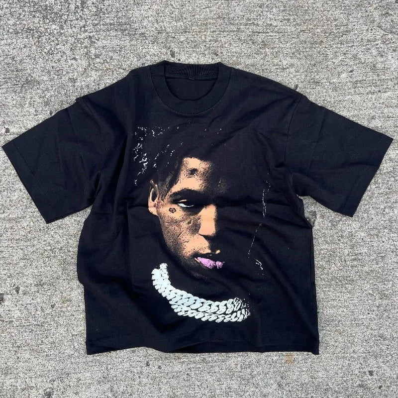Maxct y2kGothic Street Hip Hop Harajuku Portrait Print Oversized T-Shirt Men's Fashion Loose Casual Harajuku White Belt Round Neck Top