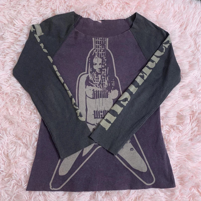 Maxct 2000s Retro Patchwork Long Sleeve Crop Top Hip Hop Harajuku T-shirt E-girl Punk Mall Grunge Emo Alt Clothes Women Pullovers Tees