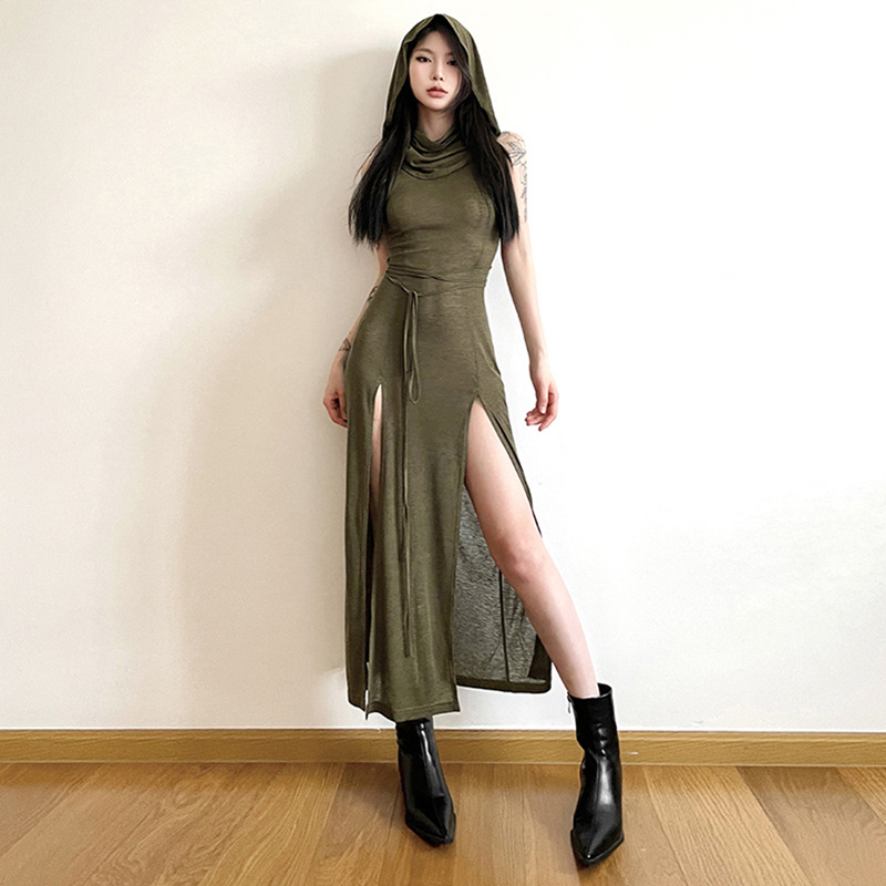 Wasteland Punk Dress y2k Solid Color Sleeveless Hollow Out Back Side Slit Hooded Dress 2000s Grunge Party Dresses