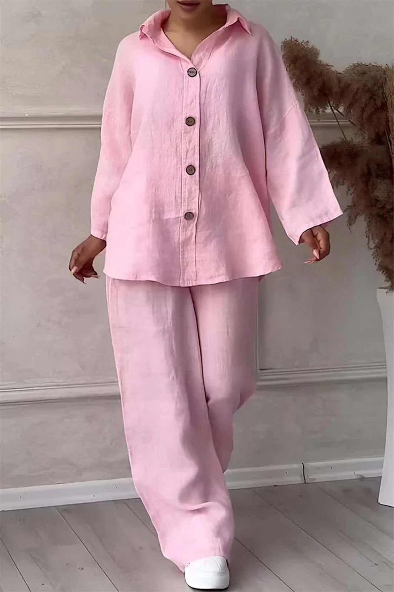 Maxct Solid Color Lapel Button Down Wide Leg Pants Set