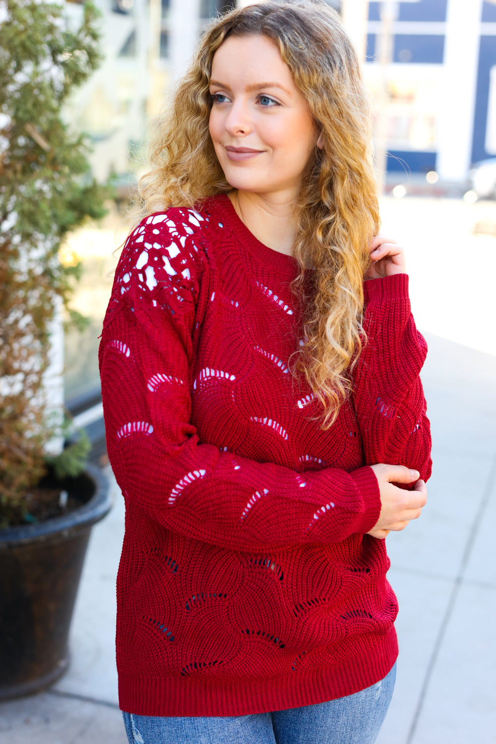 Maxct &Casual Chic Burgundy Pointelle Lace Shoulder Knit Sweater