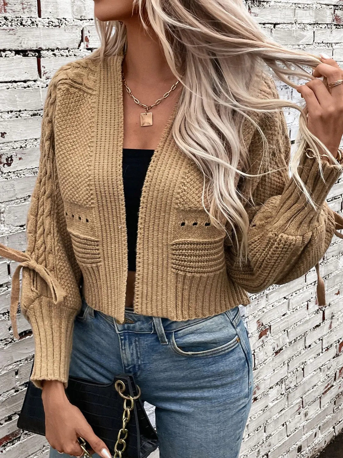 Maxct &Cable-Knit Tied Open Front Lantern Sleeve Cardigan