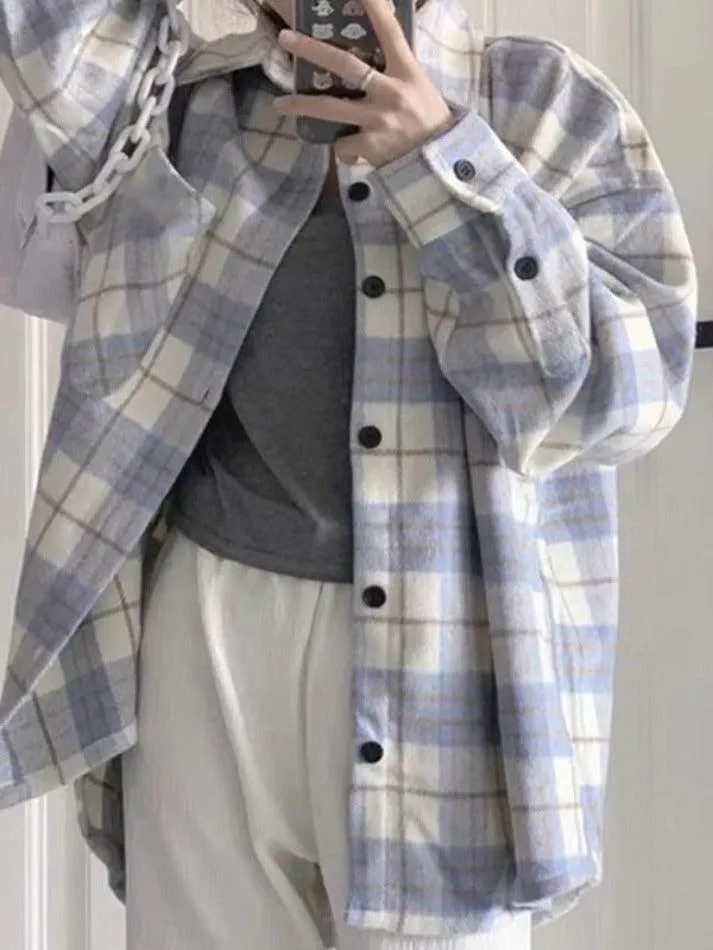 Maxct Vintage Plaid Print Brushed Long Sleeve Blouse