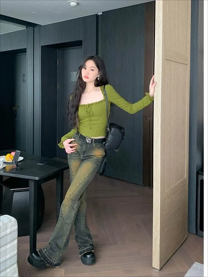 Square Neck Pleated Sexy Tops Casual Autumn Slim Long Sleeved T-shirt for Women's Ins Fashion Crop Top