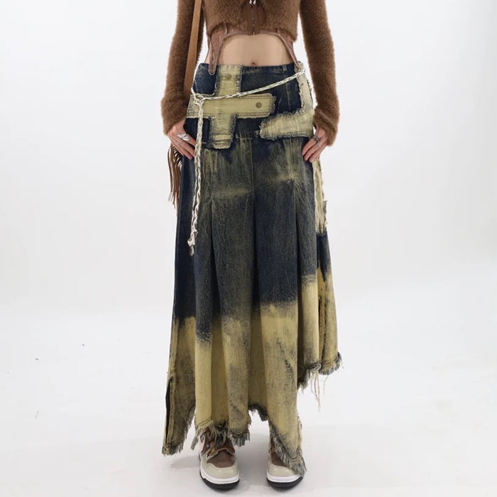 Fairy Grunge Washed Long Denim Skirt Maxct