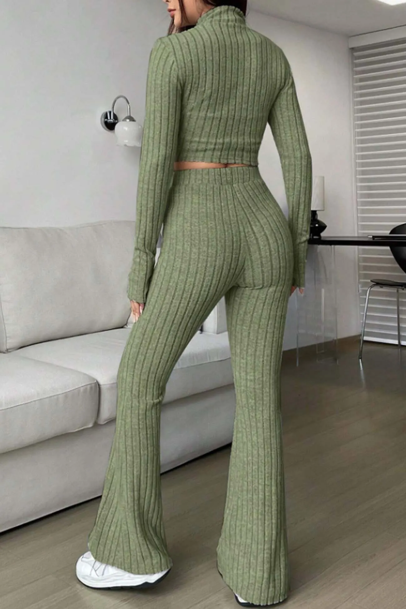 Maxct Zip Long Sleeve Ribbed Flared Pants Set