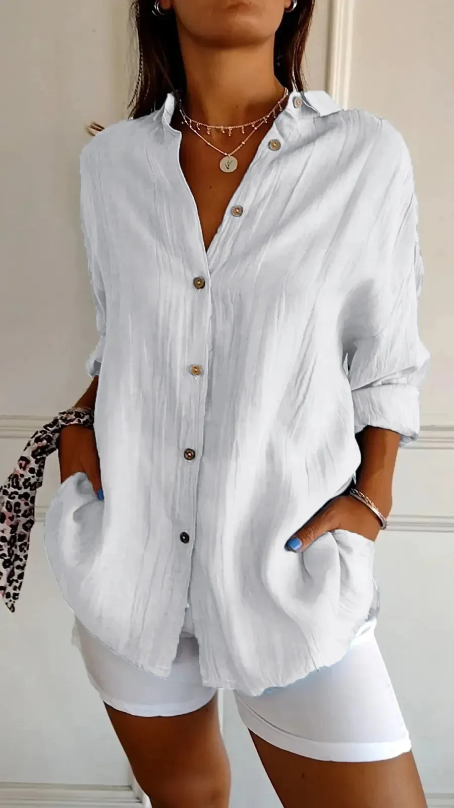 Maxct fashion outfits 2024 Single-Breasted Pleated Lapel Shirt Women's Solid Color Sleeve Top