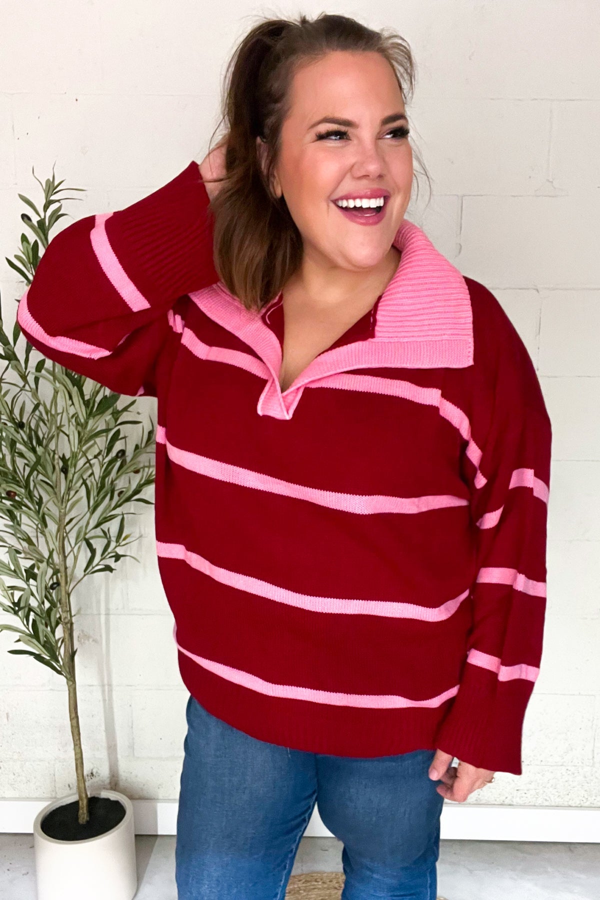 Maxct &Fall For You Crimson Stripe Notched Neck Collared Oversized Sweater