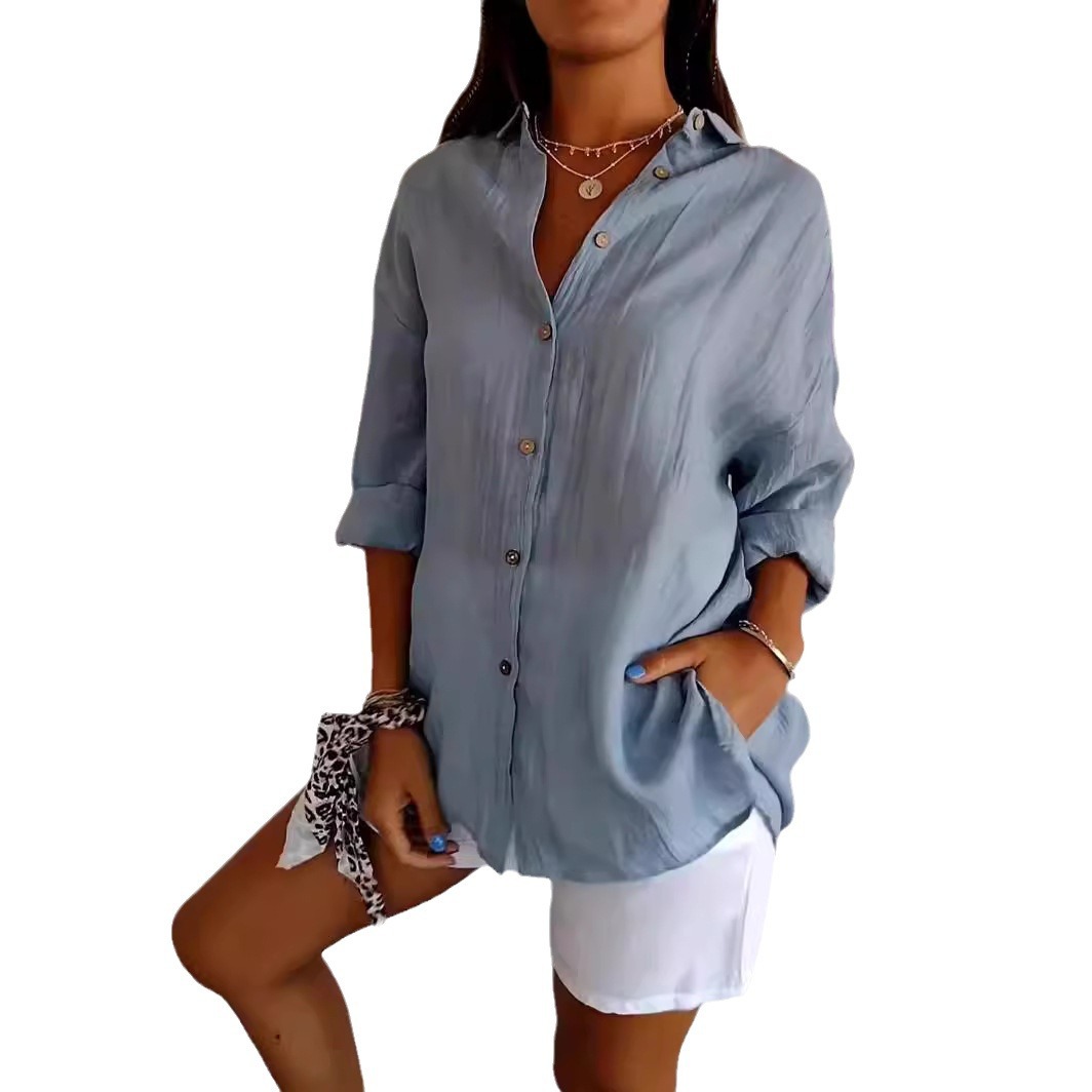 Maxct fashion outfits 2024 Single-Breasted Pleated Lapel Shirt Women's Solid Color Sleeve Top