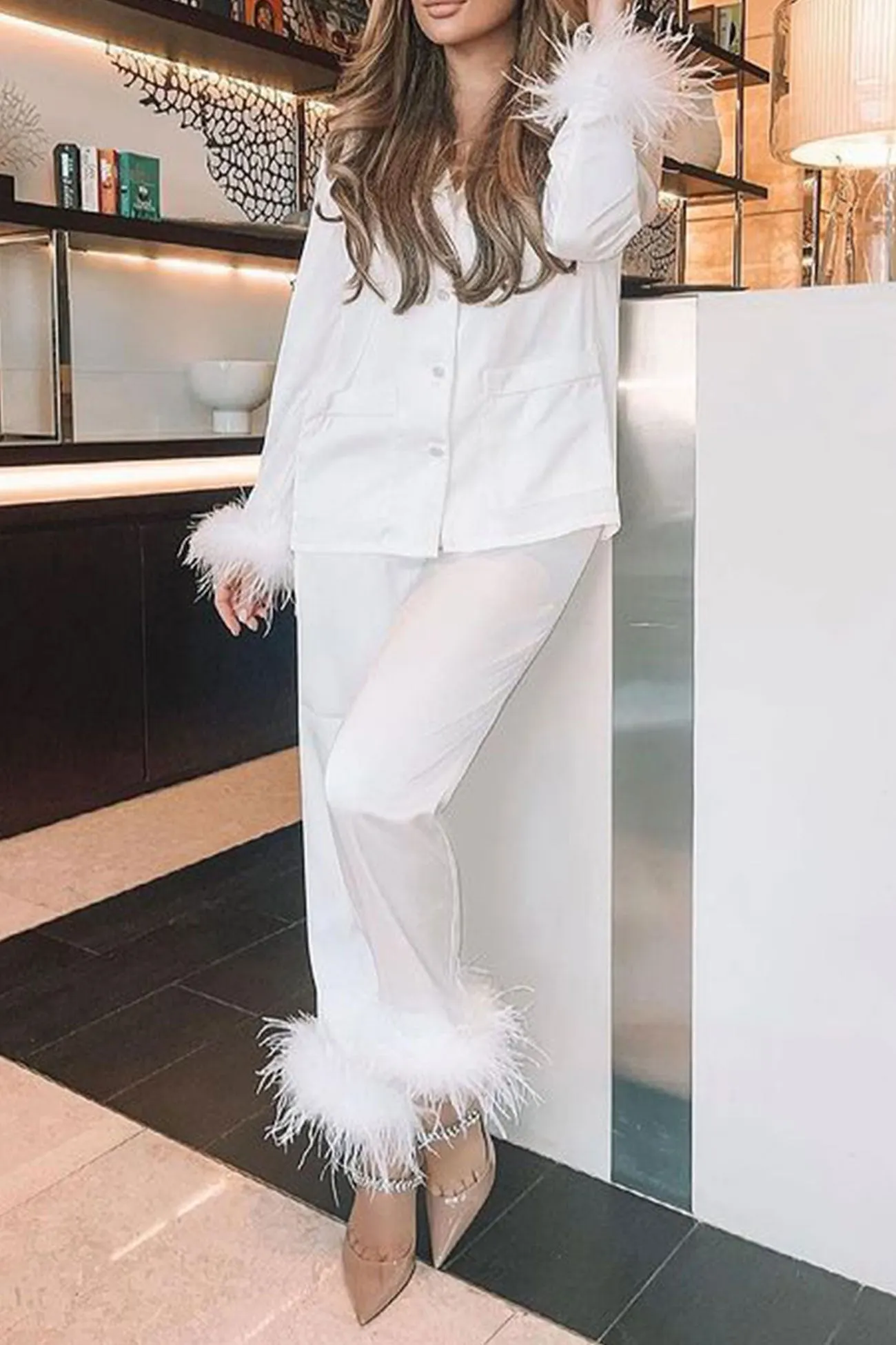 Maxct Lapel Feather Hem Two-piece Pants Set