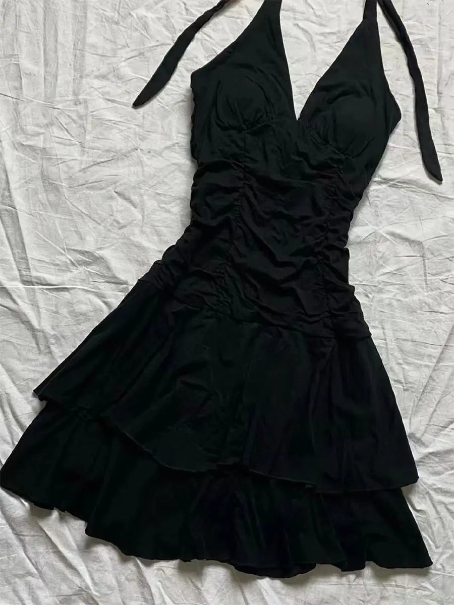 Punk Vintage 90s Korea Dress Sweet Girl High Waist Slim Gothic Harajuku Y2k Short Halter Dress Maxct