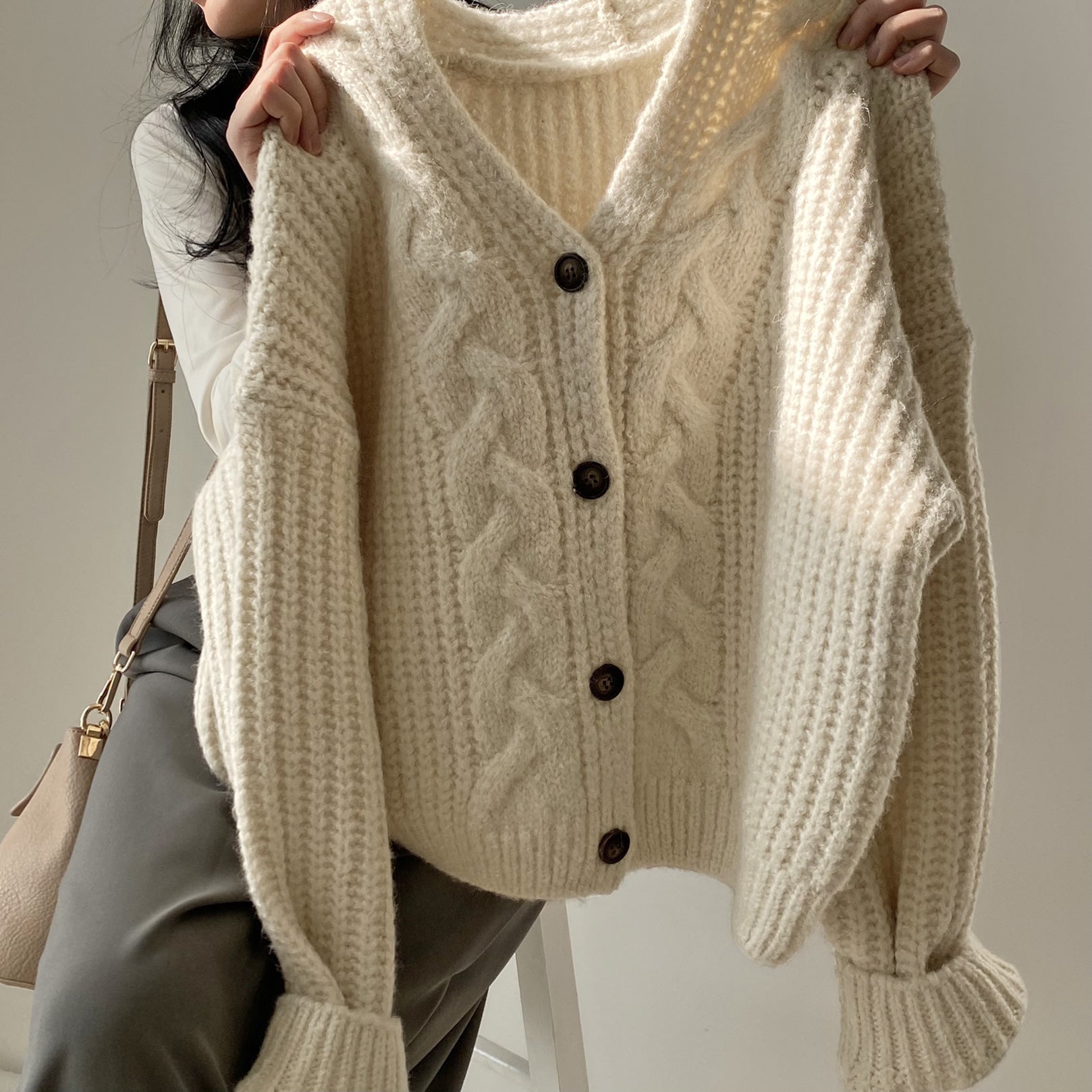 Maxct Solid V Neck Puff Sleeve Cable Knit Cardigan