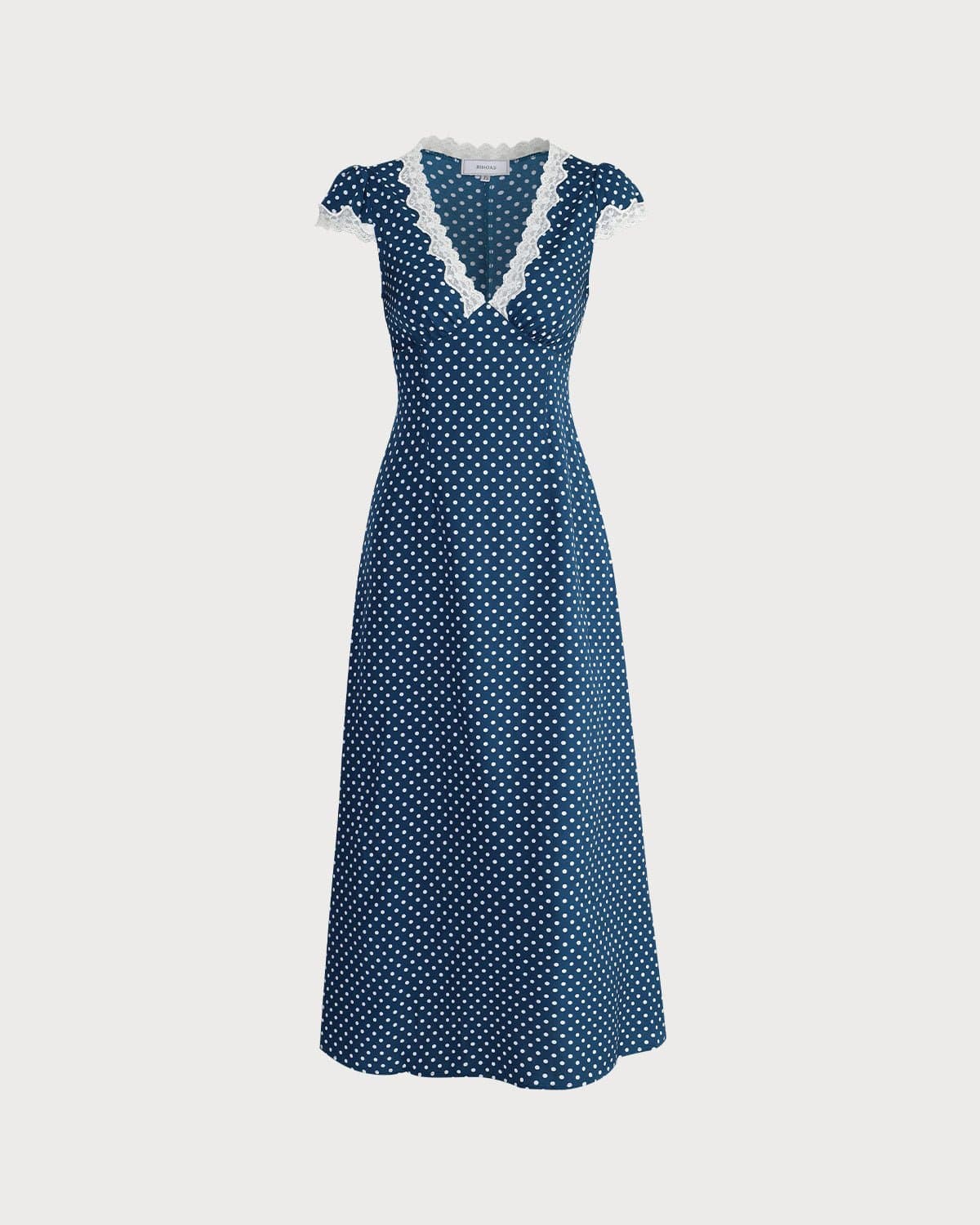 Maxct The Navy V Neck Polka Dot Lace Ruched Maxi Dress
