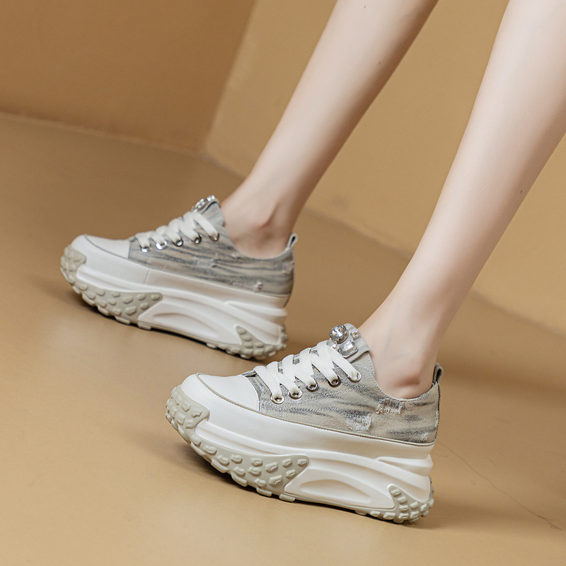 Blinged Out: 6cm Denim Leather Chunky Platform Sneakers - true deals club