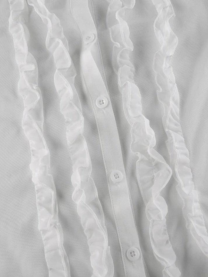 Maxct-Ruffle Trim Sheer Mesh Long Sleeve Blouse