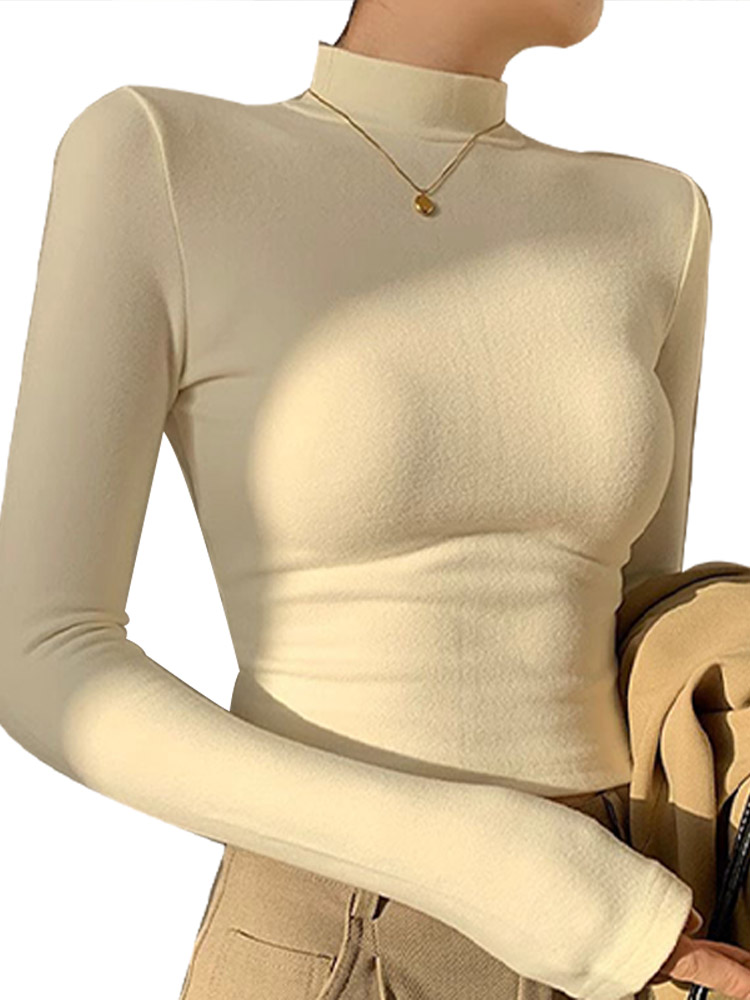 Maxct Double Sided Fleece Turtleneck Base Shirt Women Casual Slim Solid Long Sleeve Knitted Pullovers Lady Autumn Chic Thick Warm Tops