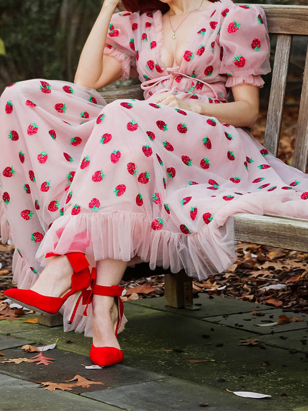 Sequined Strawberry Mesh Pleated Maxi Dress Maxct