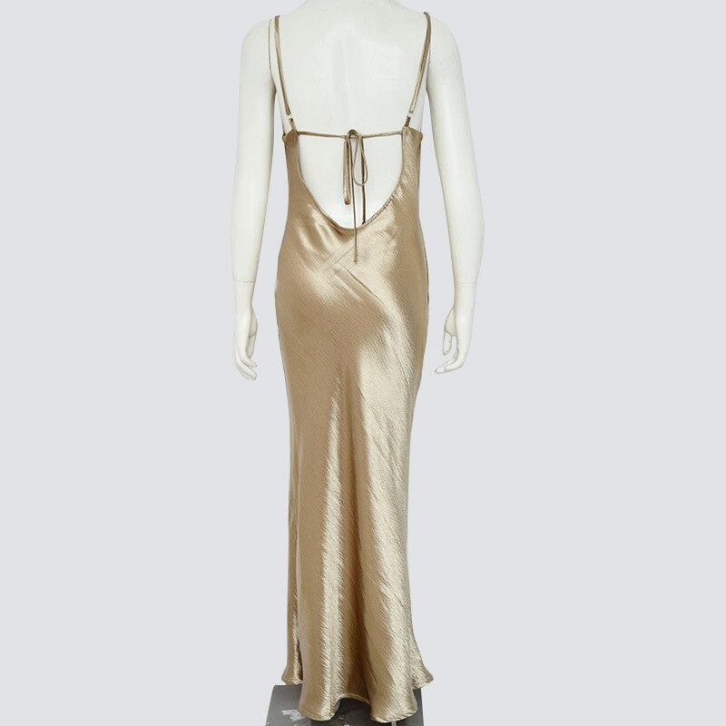 Elegant Satin Backless Long Dress For Women Gown Summer Spaghetti Strap Sleeveless Night Club Party Long Dress Vestido