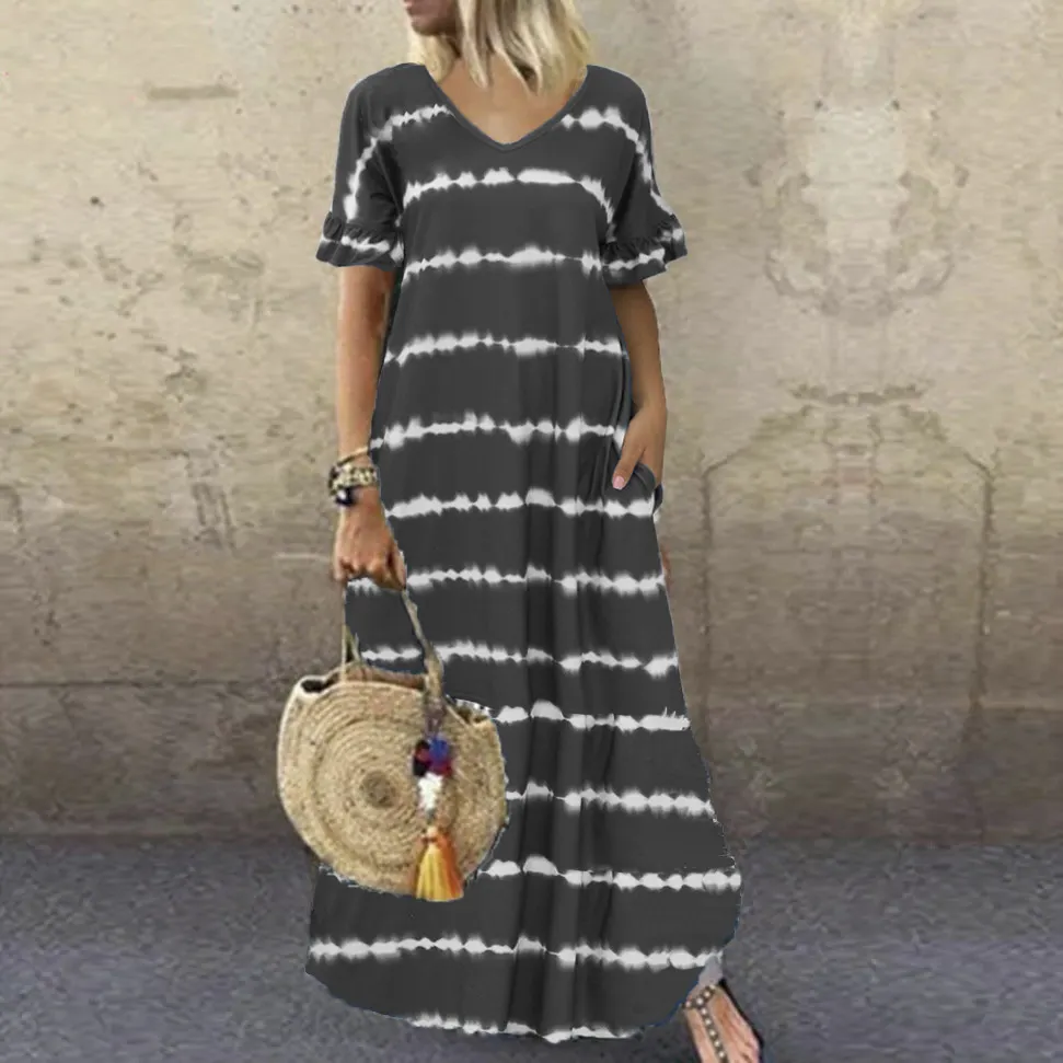 Maxct Maxct Summer Dress Wishv-Neck Lotus Sleeve Striped Print Dress Plus Size Casual Dress