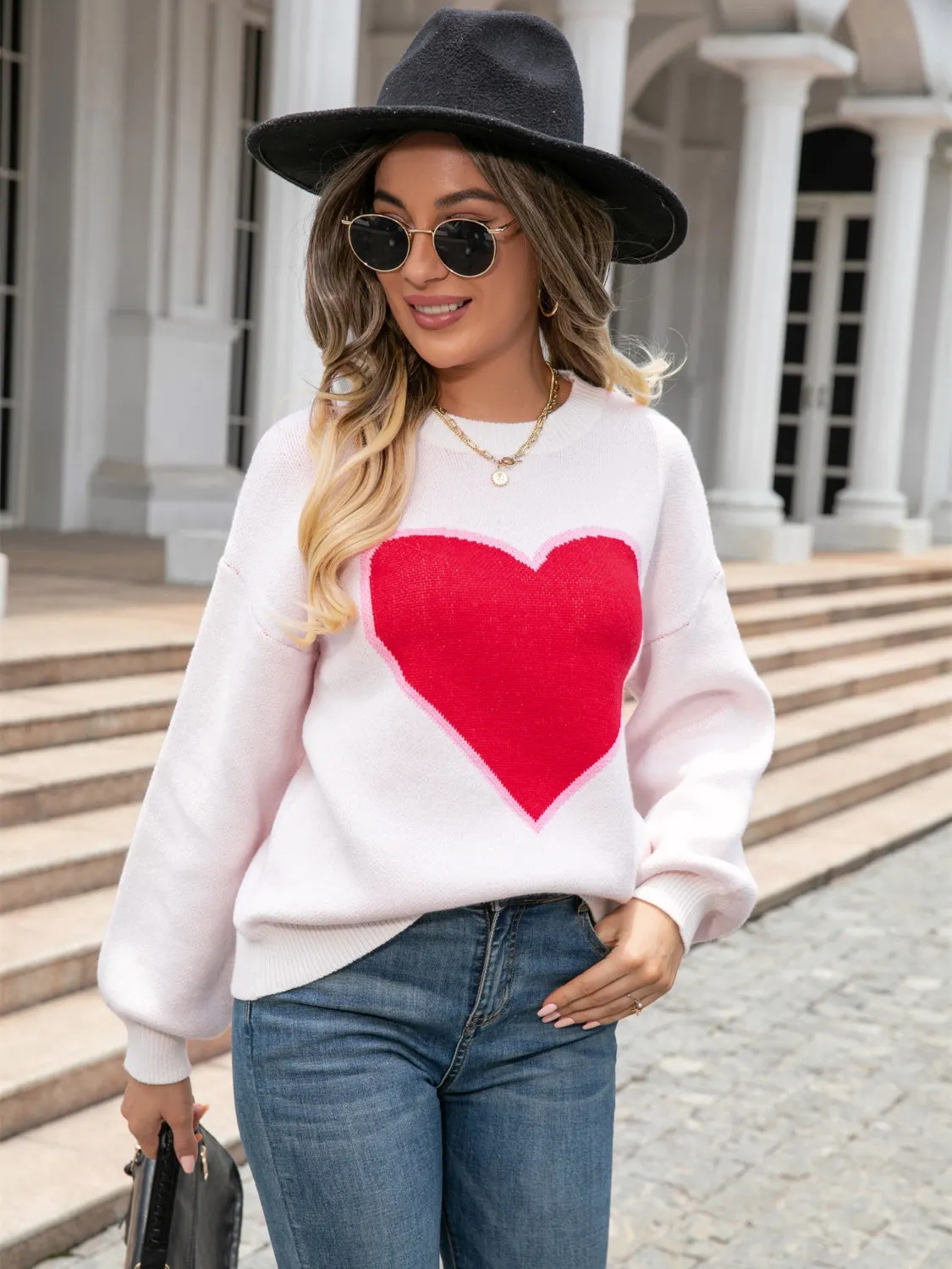 Maxct &Heart Graphic Round Neck Sweater