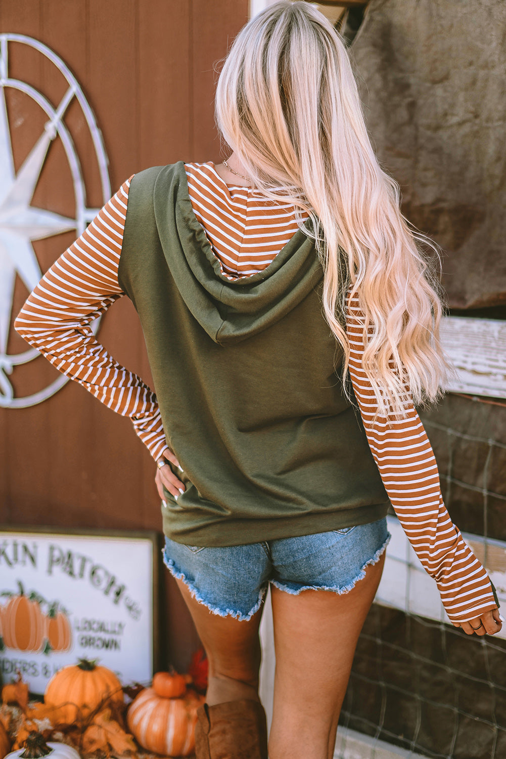 Maxct &Drawstring Stripe Half Zip Long Sleeve Hoodie