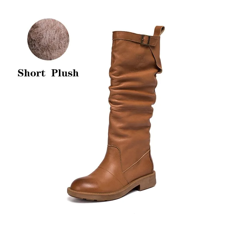 Waxing Knee High Boots Fold Design Riding Boots Buckle Boots Maxct