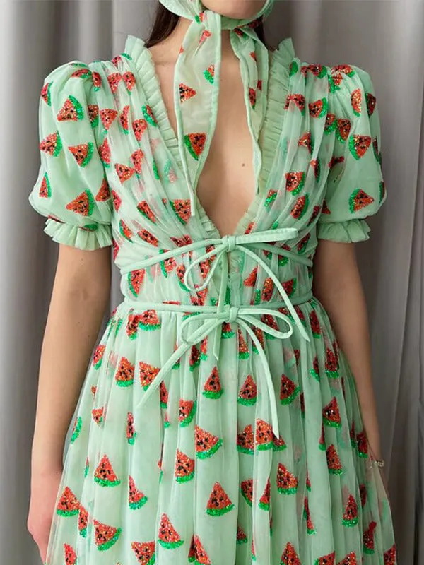 Sequined Strawberry Mesh Pleated Maxi Dress Maxct