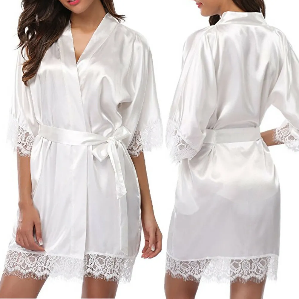 Maxct Women Night Gown Satin Robe Bathrobe Satin Nightgown Halt Sleeve Pajamas Lingerie Night Mini Dress Lace Sexy Sleepwear hot sale