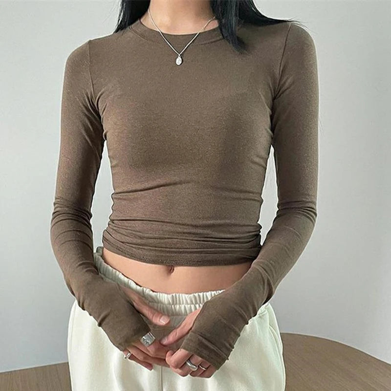 Maxct Chic Fashion Elegant Slim Fit Crop Tops Women Clothes Casual Solid Color Basic Tees Autumn Spring O Neck Long Sleeve T-shirt