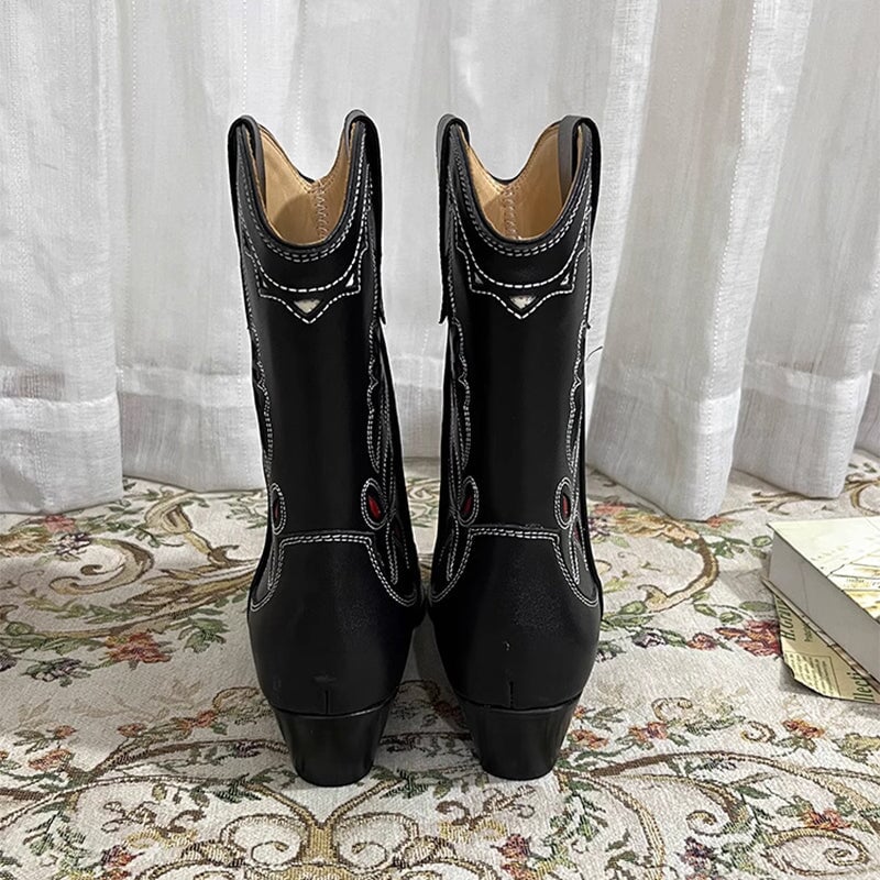 Womens Western Boots Block Heel Cut-Out Cowboy Boots All Genuine Leather Maxct